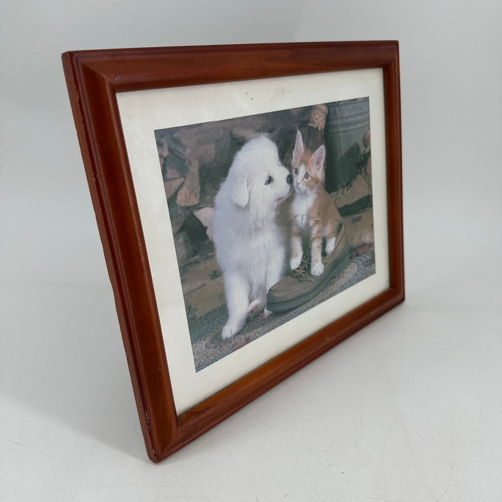 Vintage Puppy and Kitten Framed Art Cherry Wood Frame Tabletop Wall Decor